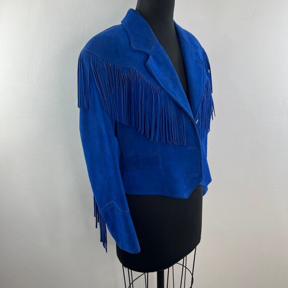 VINTAGE Pioneer Wear Blue Cowboy Western Suede Fringe Single Breasted Jacket VTG - Picture 4 of 9